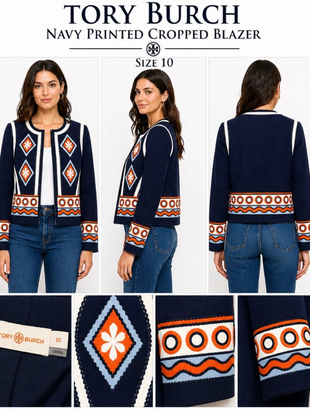Tory Burch Navy Printed Cropped Blazer 10